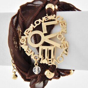 Brown Ribbon Valentine Heart Love Gold Accent Wrap Around Tie Bracelet NWT